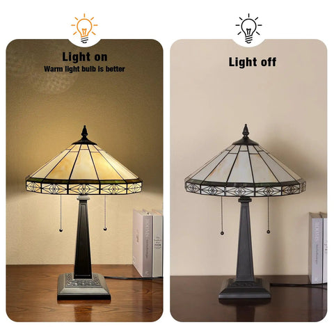 Stained Glass Tiffany Style Table Lamp With 2 Lights, 16 Inch Wide Cream Color Shade, light on and off comparison.