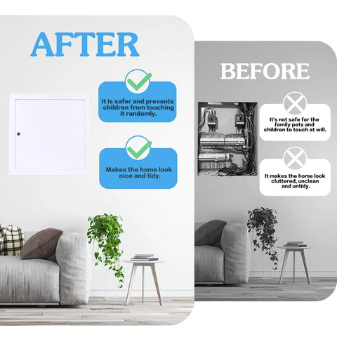 Before and after comparison of Heavy Duty 12x12 White Drywall Access Panel With Key Lock in home decor.