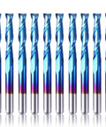 Front view of ten blue-coated nano flat-nose CNC router end mills, 1/8 in shank, 2-flute upcut