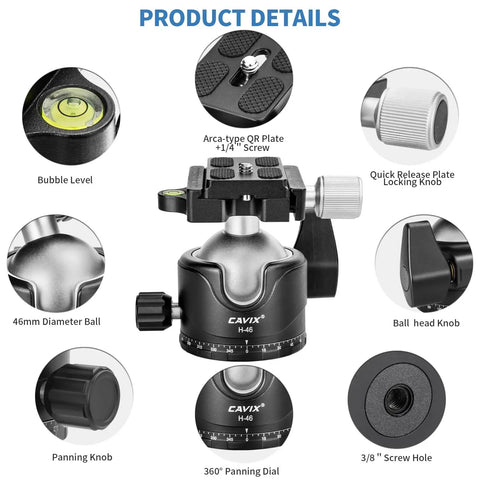 Product details of Heavy Duty Tripod Ball Head with Arca Swiss Quick Release Plate and 360 Degree Swivel, showing various features.