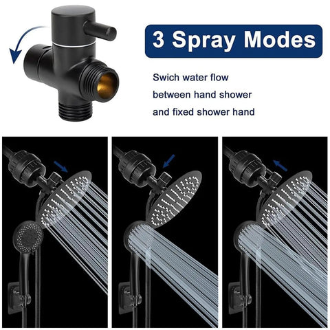 High Pressure 8 Inch Round Rain Shower With 5 Settings Handheld Filter Combo showing spray modes and matte black design.