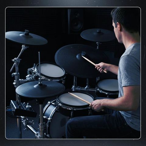 Person playing electronic drum kit with VH11 Style Hi Hat Controller Sensor, Smooth Variable Open and Closed Foot Control.