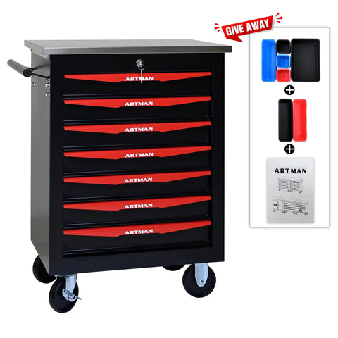 Heavy Duty Steel Tool Cabinet With Lock And Ball Bearing Drawers On Mobile Wheels For Garage Or Workshop In Black And Red Finish