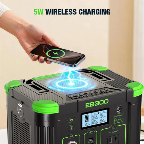 Portable Power Station 300W 288Wh Solar Generator With 60W USB C PD Output and 110V Pure Sine Wave AC Outlet, wireless phone charging.