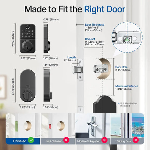 Hassle Free Smart Keyless Deadbolt With Touch Screen Fingerprint Reader And Mobile App Access Rock Solid Front Door Lock Setup dimensions and fit guide.