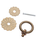 Vintage Style Brass Ring Pulls For Cabinets And Drawers, round cabinet knobs with antique brass finish and screw, unassembled view