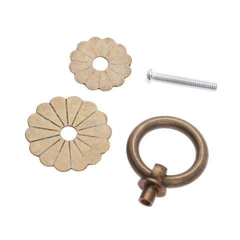 Vintage Style Brass Ring Pulls For Cabinets And Drawers, round cabinet knobs with antique brass finish and screw, unassembled view