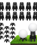 24 Pack Golf Simulator Tees For Indoor And Outdoor Practice with tall and short black plastic tees and golf balls on turf