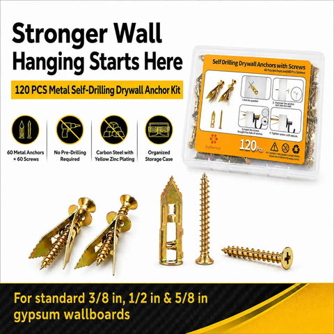 120 Piece Self Drilling Drywall Anchors And Screws Kit With 60 Heavy Duty Steel Anchors And 60 Screws In A Durable Storage Box