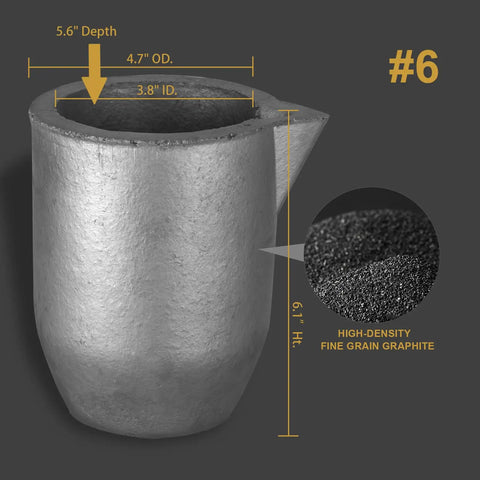 Heavy Duty Clay Graphite Crucible With Pour Spout For Metal Melting And Foundry Work, 6.1" height, 5.6" depth, high-density graphite.