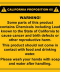 California Proposition 65 warning label about chemicals including lead, cancer, and reproductive harm, with safety instructions.