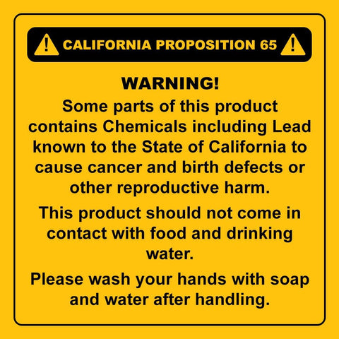 California Proposition 65 warning label about chemicals including lead, cancer, and reproductive harm, with safety instructions.
