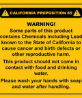 California Proposition 65 warning about chemicals including lead causing cancer and reproductive harm. Avoid contact with food and water.