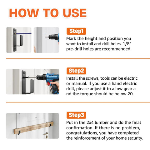 Installation steps for Beefy 2x4 Door Barricade Brackets Set, showing drilling, screwing, and inserting 2x4 lumber for home security