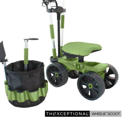 Wheelie Utility Cart With Tool Toter Handle And Bucket Holder And Comfort Cushion Premium Rolling Tool Organizer For Yard Work And Garden Made In USA Model EX590, showing tools and seat.