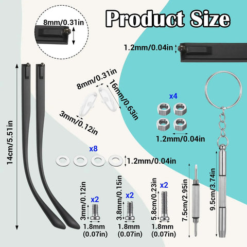 Universal Eyeglass Temple Arms One Pair Sturdy TR90 Replacement Kit With Brass Screws and applicable tools for sizes.