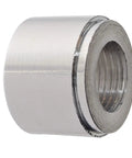 Top Tier Billet Aluminum Weld On Bung With Three Eighth Inch Npt Female Threaded Insert For Reservoir Catch Can Builds viewed from the side.