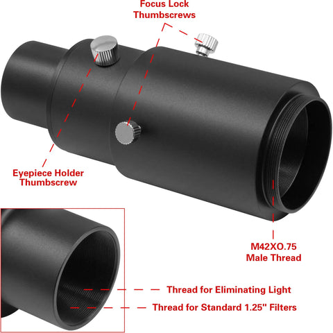 1.25 Inch Extendable Camera Adapter for Prime Focus or Eyepiece Projection Astrophotography with labeled features