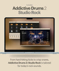 Laptop displaying Addictive Drums 2 Studio Rock software showing drum kit interface