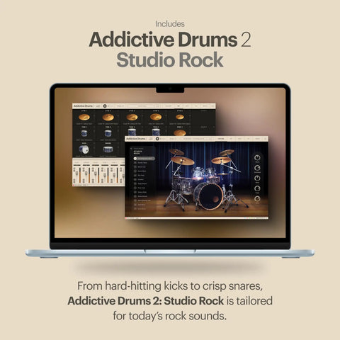 Laptop displaying Addictive Drums 2 Studio Rock software showing drum kit interface