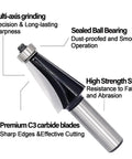Chamfer Router Bit Half Inch Shank With Ten Degree Carbide Two Flute Edge Bevel Cutter For Miter Joints Pro Grade Durable C3 Material For Fast Cuts And Smooth Finishes, showing multi-axis grinding and sealed ball bearing.