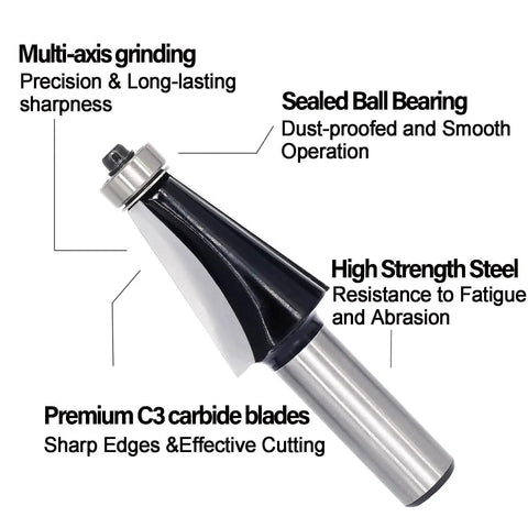 Chamfer Router Bit Half Inch Shank With Ten Degree Carbide Two Flute Edge Bevel Cutter For Miter Joints Pro Grade Durable C3 Material For Fast Cuts And Smooth Finishes, showing multi-axis grinding and sealed ball bearing.