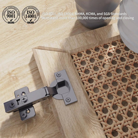Rock Solid 50 Pack Full Overlay Soft Close Concealed Hinges For Cabinet Doors Black Titanium Plated Finish installed on wooden door