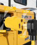 Close-up of Nema L14 To 14 50 R Adapter For Ev And Rv Setup Twist Lock Generator Power Cord Connector connected to a generator.