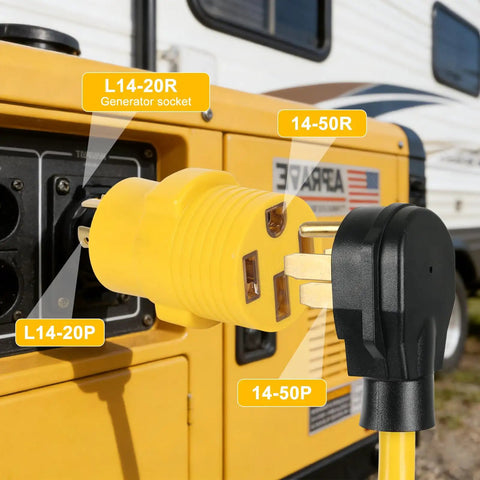 Close-up of Nema L14 To 14 50 R Adapter For Ev And Rv Setup Twist Lock Generator Power Cord Connector connected to a generator.