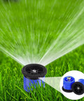 16 Piece Top Shelf Blue Lawn Sprinkler Head Replacement Kit With 15 Van Slick Swivel Nozzles Rotating Seamlessly From 0 To 360 Degrees For A Hassle Free Yard Irrigation Setup. Blue sprinkler spraying water on grass.