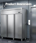 Heavy Duty Stainless Steel Three Door Commercial Freezer 54 Cubic Foot Reach In Upright Unit dimensions and specifications in restaurant setting.