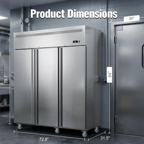 Heavy Duty Stainless Steel Three Door Commercial Freezer 54 Cubic Foot Reach In Upright Unit dimensions and specifications in restaurant setting.