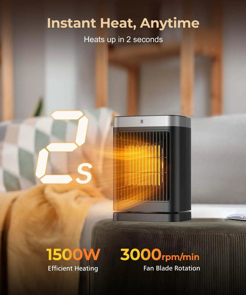 Space Heater With Motion Sensor Portable Indoor Ceramic Heater 1500W Oscillating shown in living room setting.