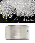 Heavy Duty Pu Air Hose And Pneumatic Tubing With Smooth Airflow Built Tough For Any Garage Job No Kinking Works Like A Charm 10mm OD 6.5mm ID 100 Meter Length Ultra Flexible Transparent Tube showing PU material granules and coil.