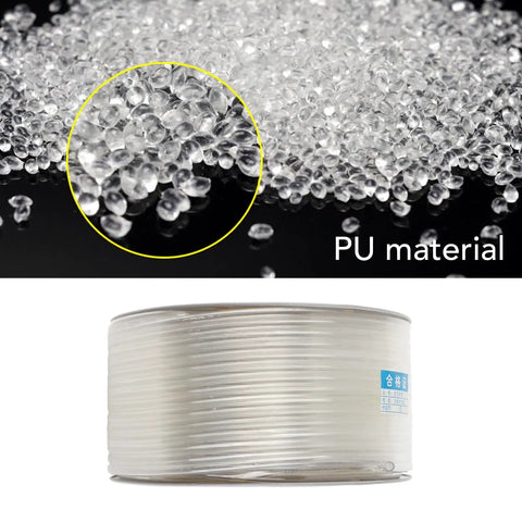 Heavy Duty Pu Air Hose And Pneumatic Tubing With Smooth Airflow Built Tough For Any Garage Job No Kinking Works Like A Charm 10mm OD 6.5mm ID 100 Meter Length Ultra Flexible Transparent Tube showing PU material granules and coil.