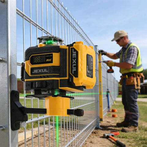 16 Line Laser Level Kit With 4D Self Leveling And Receiver Extends To 200ft For Indoor Layouts And Outdoor Fencing Decking Projects, High Precision Leveling Tool For DIY And Pros mounted on fence post during outdoor layout