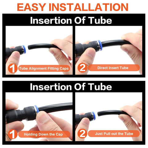 No Sweat Heavy Duty 70 Piece Quick Connect Pneumatic Fitting Assortment Kit 1/4 Inch Tube instructional images for easy tube insertion.