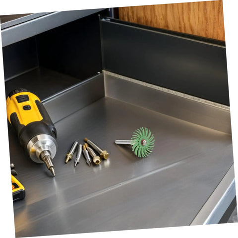 Ipetboom Inch Radial Bristle Disc Polishing Wheel With 3Mm Shank For Rotary Tools, detail abrasive brush on a tool bench.