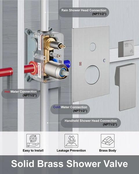 High Pressure Shower System With 2 In 1 Handheld Sprayer Wall Mounted Fixture Rough In Valve diagram with water connections