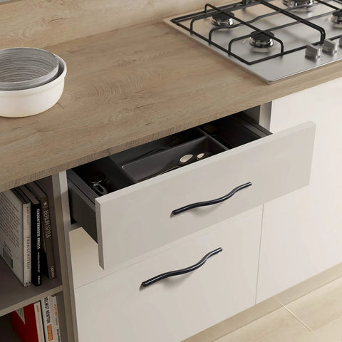 Modern Matte Black Cabinet Handle Set For Doors And Drawers Minimalist Wardrobe Pulls installed on kitchen drawer