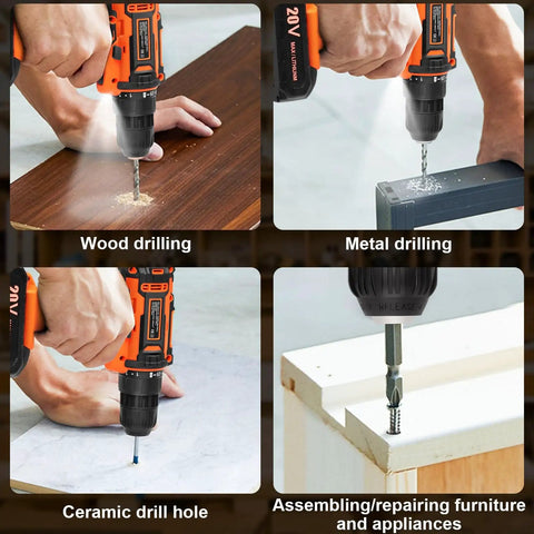 20V Cordless Drill Driver Set With Battery And Fast Charger LED Light 25 Plus One Torque Settings for wood, metal, and ceramic drilling