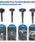Submersible Pond Fountain Pump With Four Fountain Heads For Small Ponds No Fuss Setup Outdoor Water Feature Kit showing nozzle shapes
