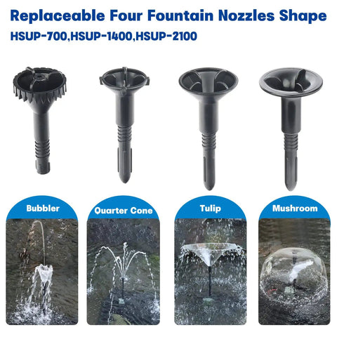 Submersible Pond Fountain Pump With Four Fountain Heads For Small Ponds No Fuss Setup Outdoor Water Feature Kit showing nozzle shapes