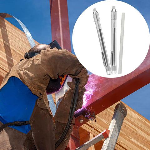 Heavy Duty Professional Grade Round Soapstone Pencils With Secure Grip Holder And Full Refill Pack For Welding Metal Shop Fabrication Textile Marking Built Tough No Sweat Layout Chalk Tools shown being used in a welding environment.