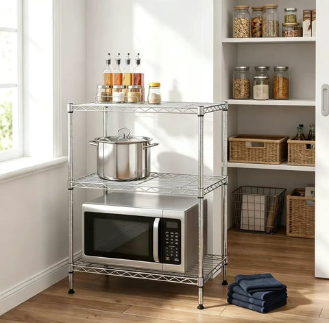 Adjustable Four Tier Wire Shelving Unit With Black Metal Frame And Plastic PP Shelves For Kitchen Pantry Laundry And Utility Storage NSF Certified Narrow Space Saver 43.9 Inches High 17.3 Inches Wide 11.4 Inches Deep holding kitchen items
