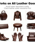 Various dark brown leather goods including bags, jackets, hats, wallets, stools, belts, boots, gloves, and chairs.