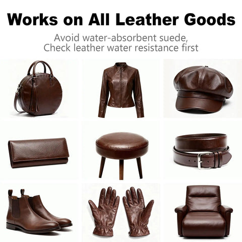 Various dark brown leather goods including bags, jackets, hats, wallets, stools, belts, boots, gloves, and chairs.