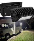 12V RV Exterior Porch Light Aluminum Low Current LED Scene Lighting with 800 lumens illuminating camper at night