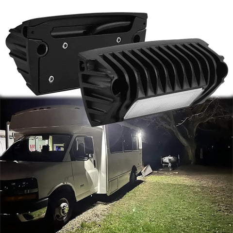 12V RV Exterior Porch Light Aluminum Low Current LED Scene Lighting with 800 lumens illuminating camper at night