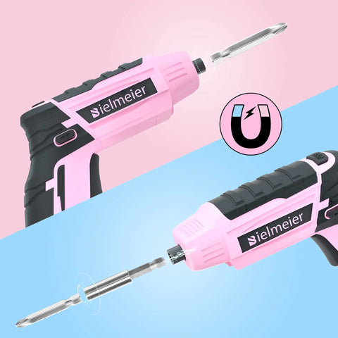 Pink Cordless Screwdriver Set With Automatic Torque Control And Sensor, angled view showing pink and black handle design